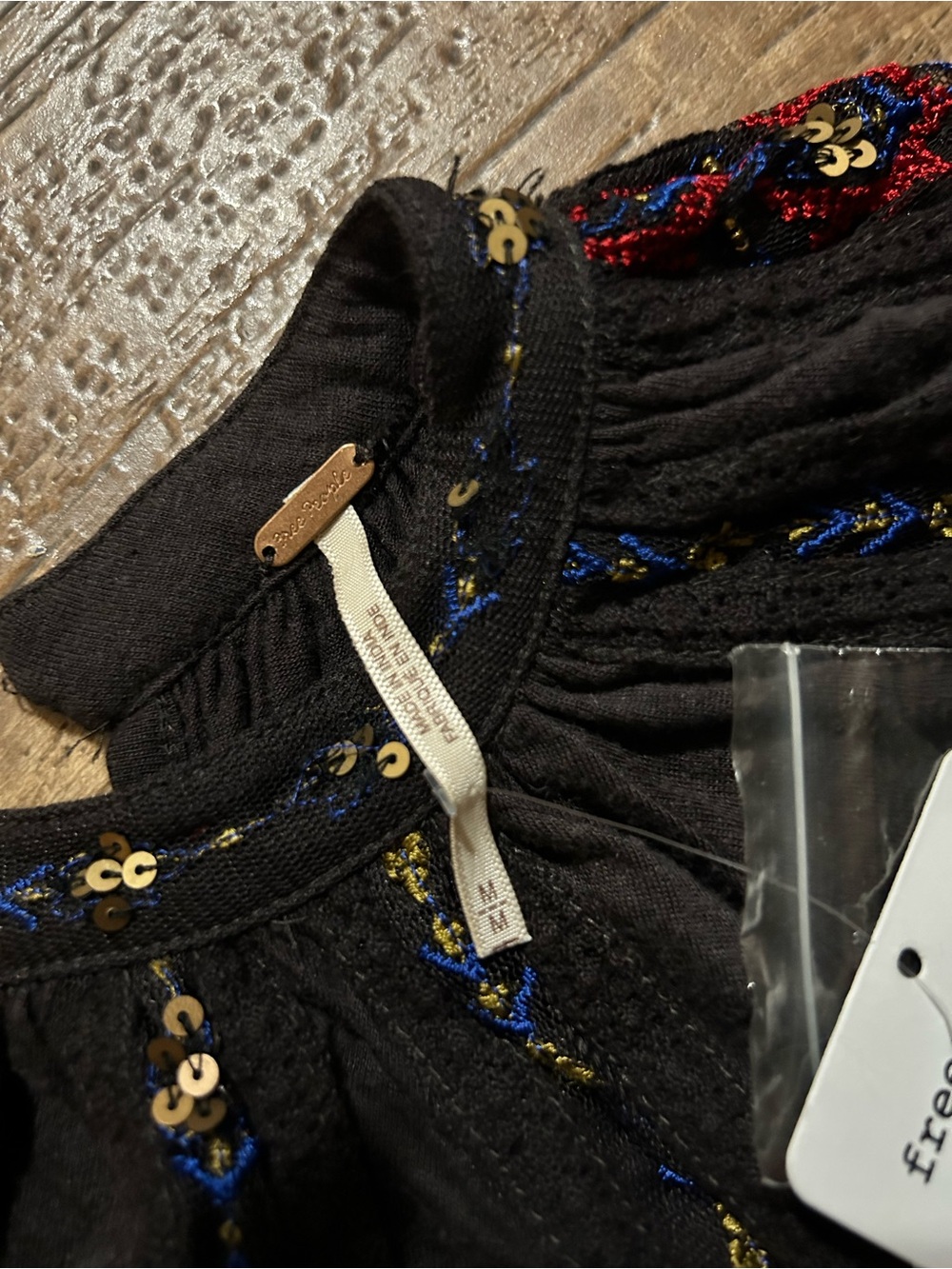 Free People Embroidered Boho Flowy Sequin & Mesh Detail — Washed Black Color - Picture 4 of 9